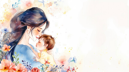 Obraz na płótnie Canvas Mother's day concept. Happy mother with her baby, watercolour illustration, bright floral background. Banner with space for text