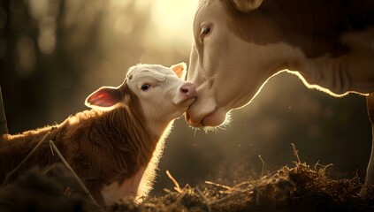 Tender moment as cow nuzzles cute calf in golden light. idyllic farm life captured in nature. perfect image for agriculture and love. AI