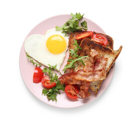Plate with tasty fried egg, toasts, tomatoes and arugula on white background