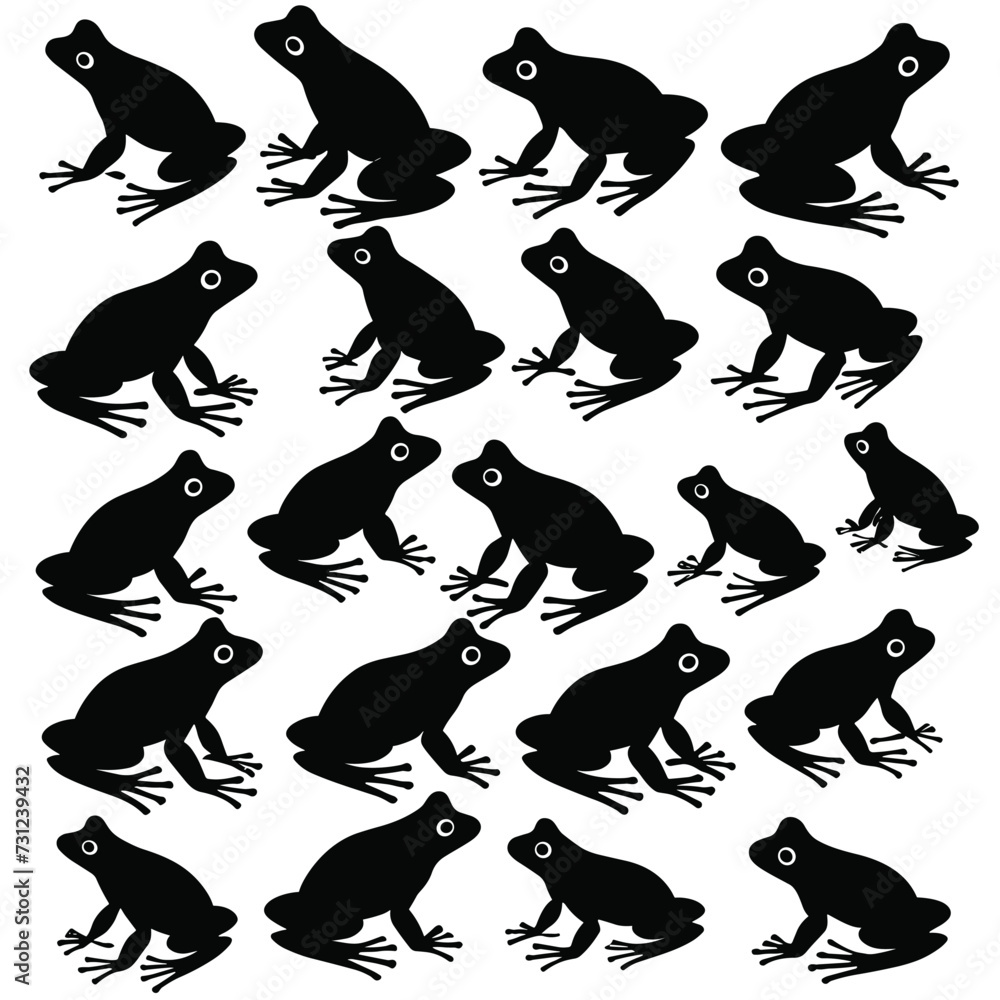 Poster silhouette pattern of frogs arranged in rows, creating a striking and symmetrical black and white de