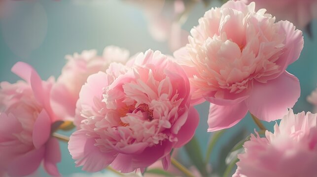 Soft pink peonies blooming, delicate floral arrangement, spring beauty concept, ideal for wedding designs. AI