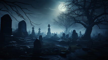 Misty terrifying cemetery graveyard at night in a full moon foggy - obrazy, fototapety, plakaty