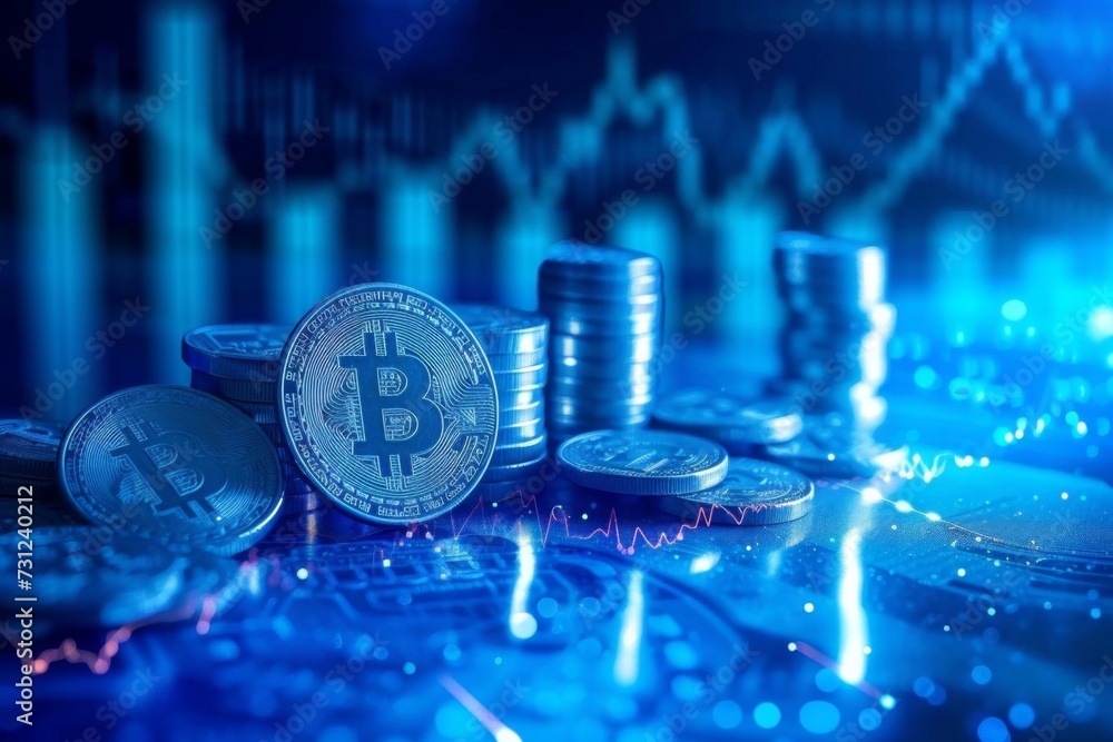 Poster 3d coin background with a blue finance graph and investment bar visualizing growth and success in th