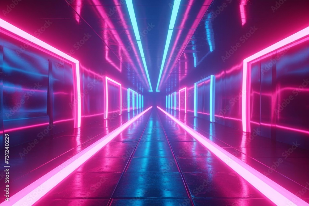 Poster 3d render of an abstract background with glowing neon pink and blue lines creating a vibrant and fut