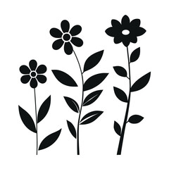 Simple black silhouettes of three flowers with leaves, showcasing minimalistic botanical design.