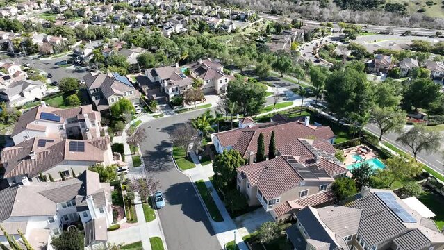 Aerial view of large-scale villa in wealthy residential town of Carlsbad, South California, USA. High quality 4k footage