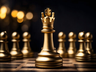 Close up the golden queen chess piece standing alone on a chessboard on a dark background. Leader, influencer, lonely, commander, strong, and business strategy concept design. Game business design