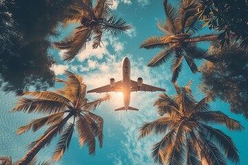 Airplane above palm trees A travel and vacation concept A beautiful sky background with sun rays A scene of adventure and escape