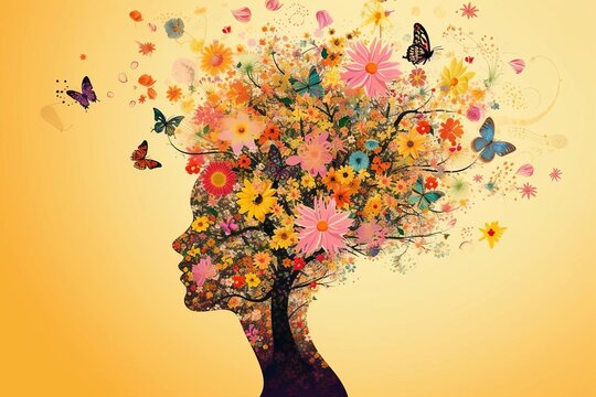 Artistic representation of the human mind A flourishing tree of creativity Positive thinking And mental wellness Adorned with flowers and butterflies