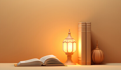 an islamic lamp and holy book on a beige background, in the style of bryce 3d