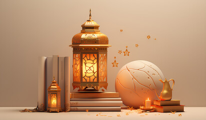 an ivory beige background and some gold lanterns and a muslim prayer book on it