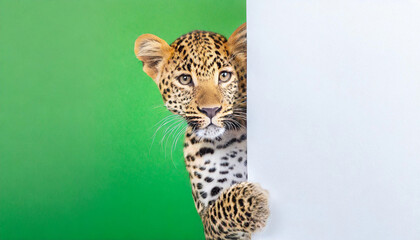 Mockup,banner.A cute leopard holds the white blank billboard on green background.copy space.