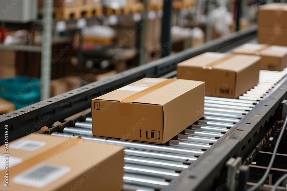 Poster cardboard box packages on a conveyor belt an efficient and automated scene of e-commerce fulfillment