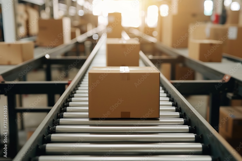 Poster cardboard box packages on a conveyor belt an efficient and automated scene of e-commerce fulfillment