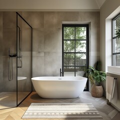 Elegant, modern bathroom with concrete and parquet flooring.  Salle de bain élégante et moderne, béton et parquet.