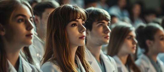 Fototapeta premium Focused group of students attending a lecture. young adults in education, dressed in white coats. learning in university hall. AI