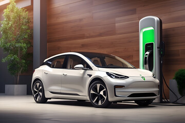 EV Car or Electric vehicle at a charging station design. Eco-friendly sustainable energy concept design.