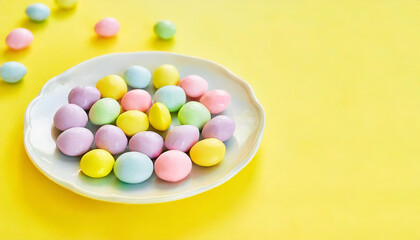 Obraz premium Multicolored candies on plate on yellow background. Internationa