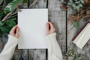 Female hands holding a blank magazine A design template mockup A conceptual image for creative and advertising projects