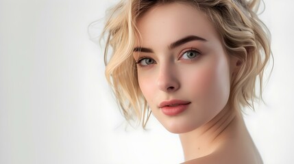 Naklejka premium Portrait of a young woman with short blonde hair, natural makeup and soft lighting. perfect for beauty concepts. AI
