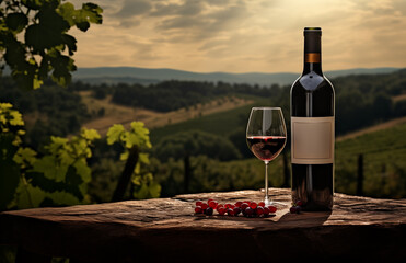 A glass of red wine with its bottle with a blank label placed on a rustic stone slab, grapes in the foreground, overlooking a vast vineyard.
