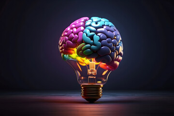 creative lightbulb with a dark and colourful brain on a dark background design 3d illustration for powerful idea generation and growing design.