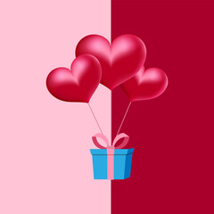 Fototapeta na wymiar Greeting card with gift box and three heart shaped balloons