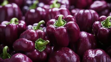 Pile of fresh purple bell peppers, close up view.