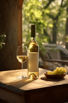 Crisp white wine in a glass with a matching bottle with a blank label and fresh grapes on a sunlit wooden tabletop, with a greenery backdrop.
