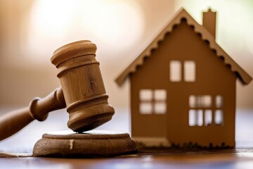 Judge auction and real estate concept with a law hammer and a house model Symbolizing the legal aspects and decision-making processes in property transactions and real estate law