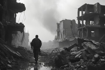Lone soldier walking through a destroyed city Encapsulating the somber realities of war and the resilience of the human spirit in the face of devastation