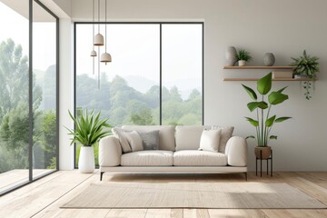 Minimalist white living room interior with a sofa on a wooden floor Stylish decor on a large wall And a window showcasing a serene landscape Perfect for modern home design and decor inspiration