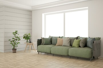 White living room with sofa. Scandinavian interior design. 3D illustration