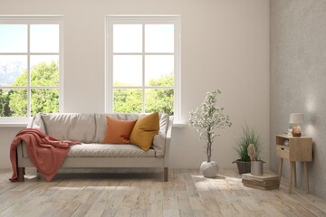 White living room with sofa and summer landscape in window. Scandinavian interior design. 3D illustration