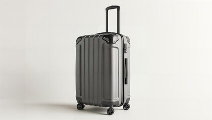 big gray modern rolling travel suitcase on solid bright background