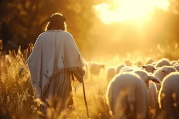 Fotobehang Shepherd jesus christ leading sheep and praying to god in a field bathed in bright sunlight Offering a serene and spiritual portrayal of guidance Faith And devotion © Bijac