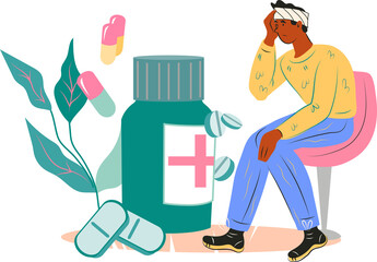 Healthcare and pharmacy, medicine concept with sick man sits near pack of drugs and pills.