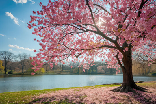 cherry blossom tree in a park, with pink petals and a blue sky