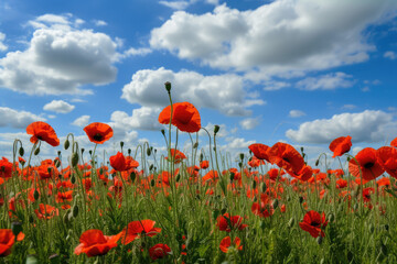 Obraz premium field of poppies, with a blue sky and white clouds