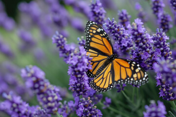 Obraz premium butterfly on a lavender bush, with purple flowers and green leaves