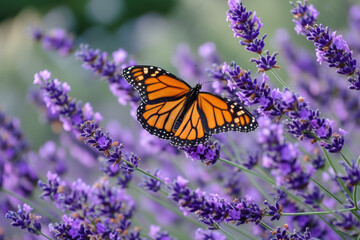 butterfly on a lavender bush, with purple flowers and green leaves