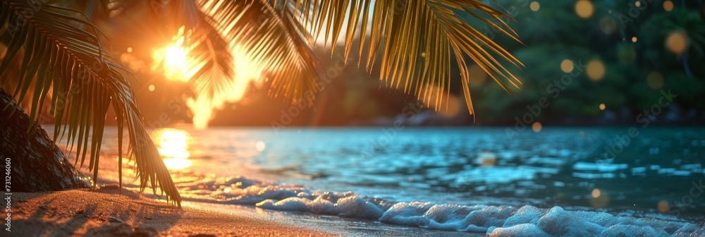 Wall mural a tropical beach scene at sunset, featuring palm trees, serene waves, and a beautiful horizon. - Wall murals