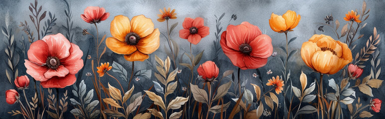 A watercolor painting of red poppy flowers in a vintage, grungy style on a textured background.