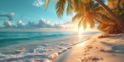 A picturesque island beach at sunset with palm trees, creating a serene and idyllic atmosphere.