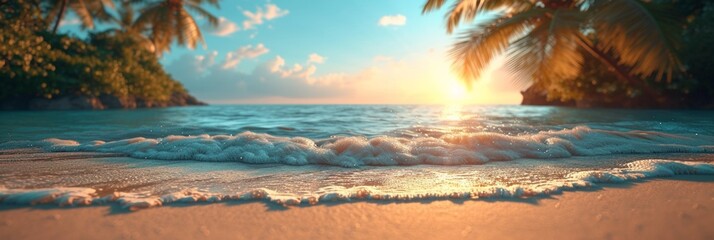 A tranquil beach scene with a stunning sunset, palm trees, and a serene atmosphere by the ocean.
