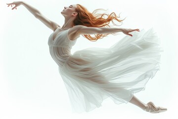 A ballet dancer in flight, showcasing elegance, flexibility, and beauty in a white tutu. - obrazy, fototapety, plakaty