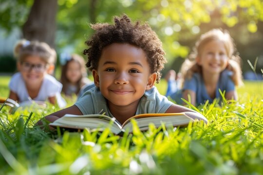 Children in a park, an African toddler reading, portraying friendship, joy, and learning outdoors.