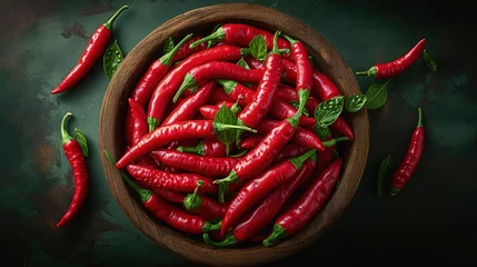 Foto op Canvas Pile of red hot chili peppers in a wood bowl on dark background. Top view. © pengedarseni