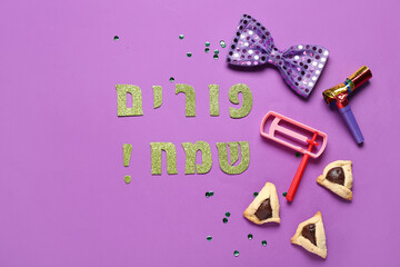 Composition with text HAPPY PURIM, Hamantaschen cookies, bow and rattle on color background