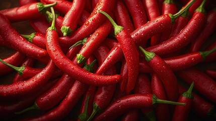 Pile of red chilies for vegetable theme background. Top view.